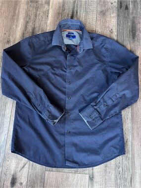 Egara Navy Blue Striped Dress Shirt